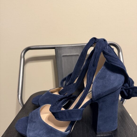 Karl Lagerfeld Paris Navy Blue Suede Ankle Strap Block Heels - Picture 6 of 13